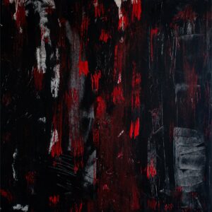 Agnieszka Sawicka, Cień mnie / Shadow of Me — abstrakcja w czerni, czerwieni i srebrze / abstraction in black, red and silver, 2025