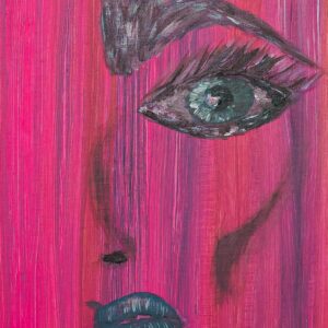 Agnieszka Sawicka, Melancholia / Melancholy — fragment twarzy na różowym tle / fragment of a face on a pink background, 2025
