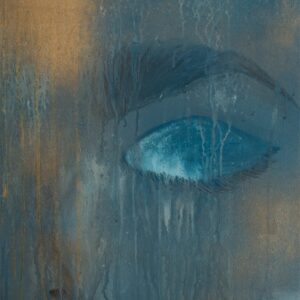 Agnieszka Sawicka, Portret poświęcenia / Portrait of Sacrifice — przygaszony portret z niebieskim okiem / muted portrait with a blue eye, 2025