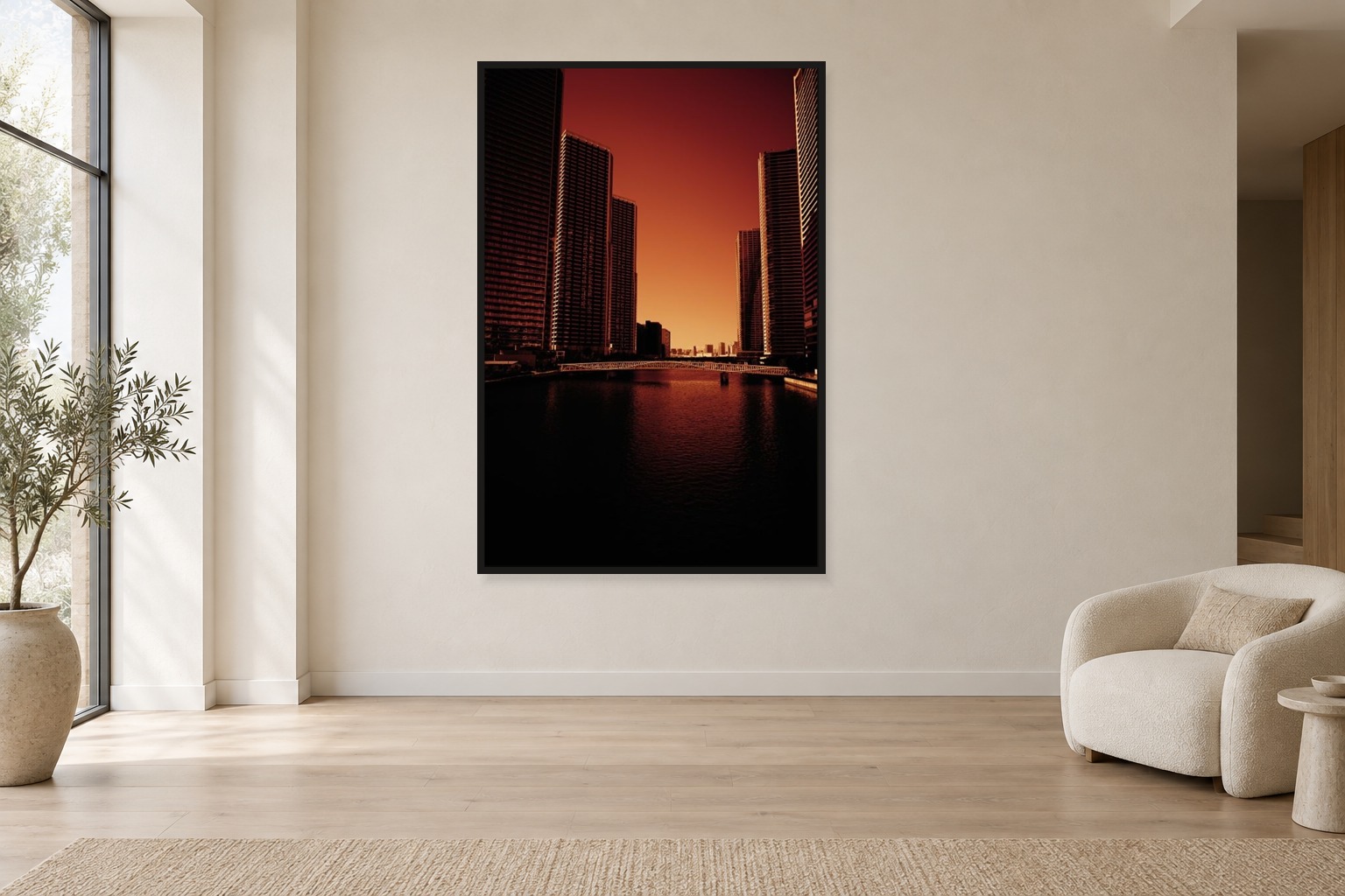 Agnieszka Sawicka — Red Metropolis III — fotografia we wnętrzu Agnieszka Sawicka, Red Metropolis III — fotografia artystyczna pokazana jako duży wydruk we wnętrzu / fine-art photograph displayed as a large print in a minimalist interior