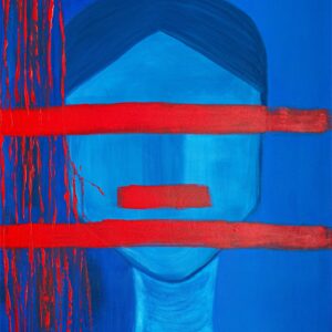 Agnieszka Sawicka, Uciszenie / Silencing — błękitna twarz przecięta czerwonymi pasami / blue face crossed by red bands, 2026